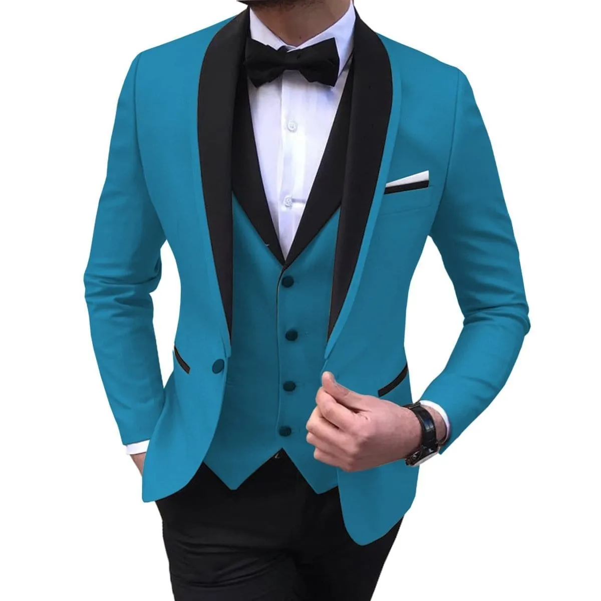 Blue Slit Mens Suits 3 Piece Black Shawl Lapel Casual Tuxedos for Wedding Groomsmen Suits Men 2020 (Blazer Vest Pant)