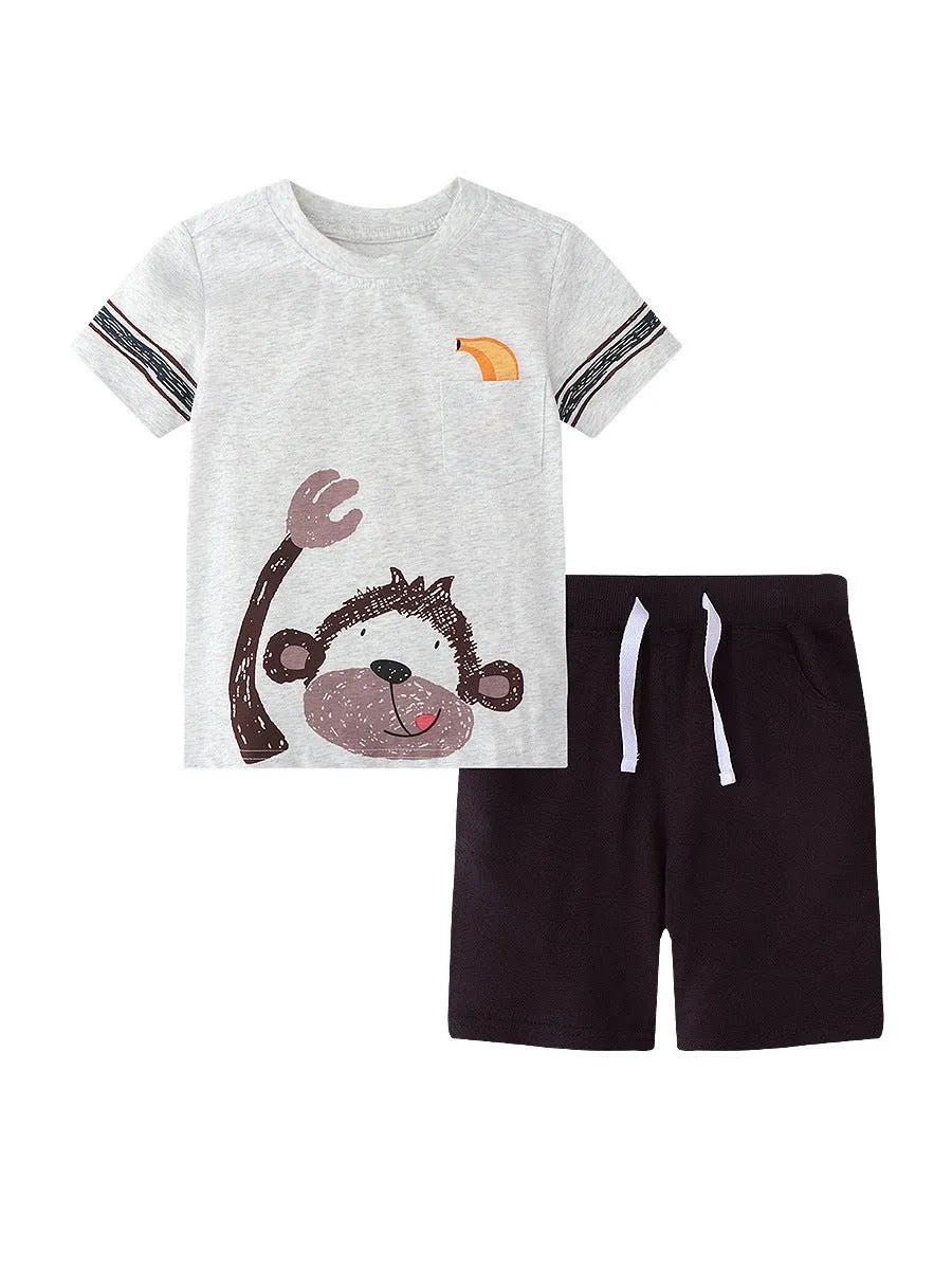 Cartoon Dinosaur/Monkey Print Design Tee with Shorts Set