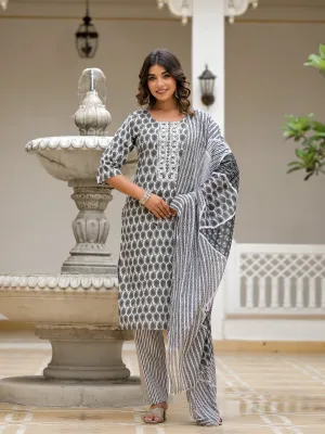 Juniper Grey Ethnic Motif Printed Cotton Kurta, Pant And Dupatta Set With Thread & Mirror Work