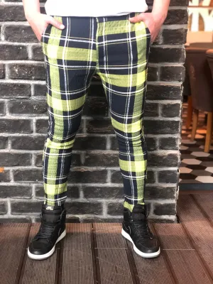 Navy Yellow Checkered Slim Fit Casual Pant DJ112 Streetwear Pant