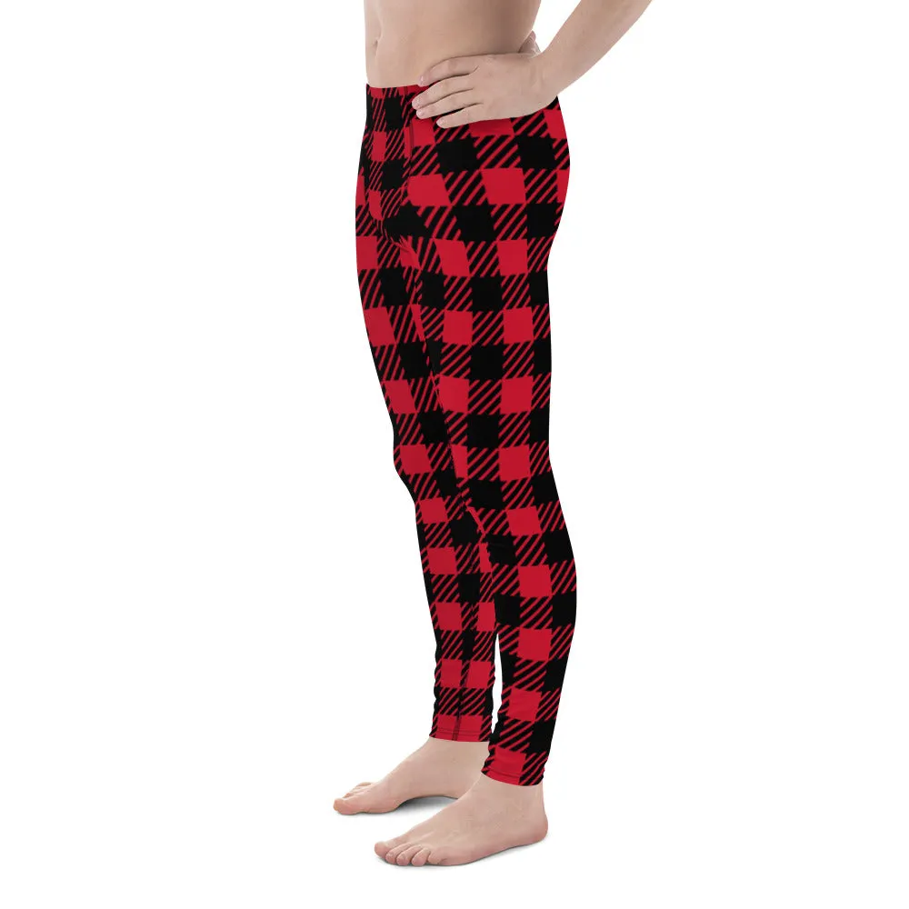 Red Classic Plaid Men's Leggings, Plaid Printed Meggings Compression Tights For Men-Made in USA/EU