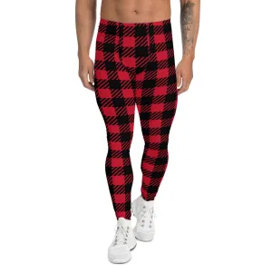 Red Classic Plaid Men's Leggings, Plaid Printed Meggings Compression Tights For Men-Made in USA/EU