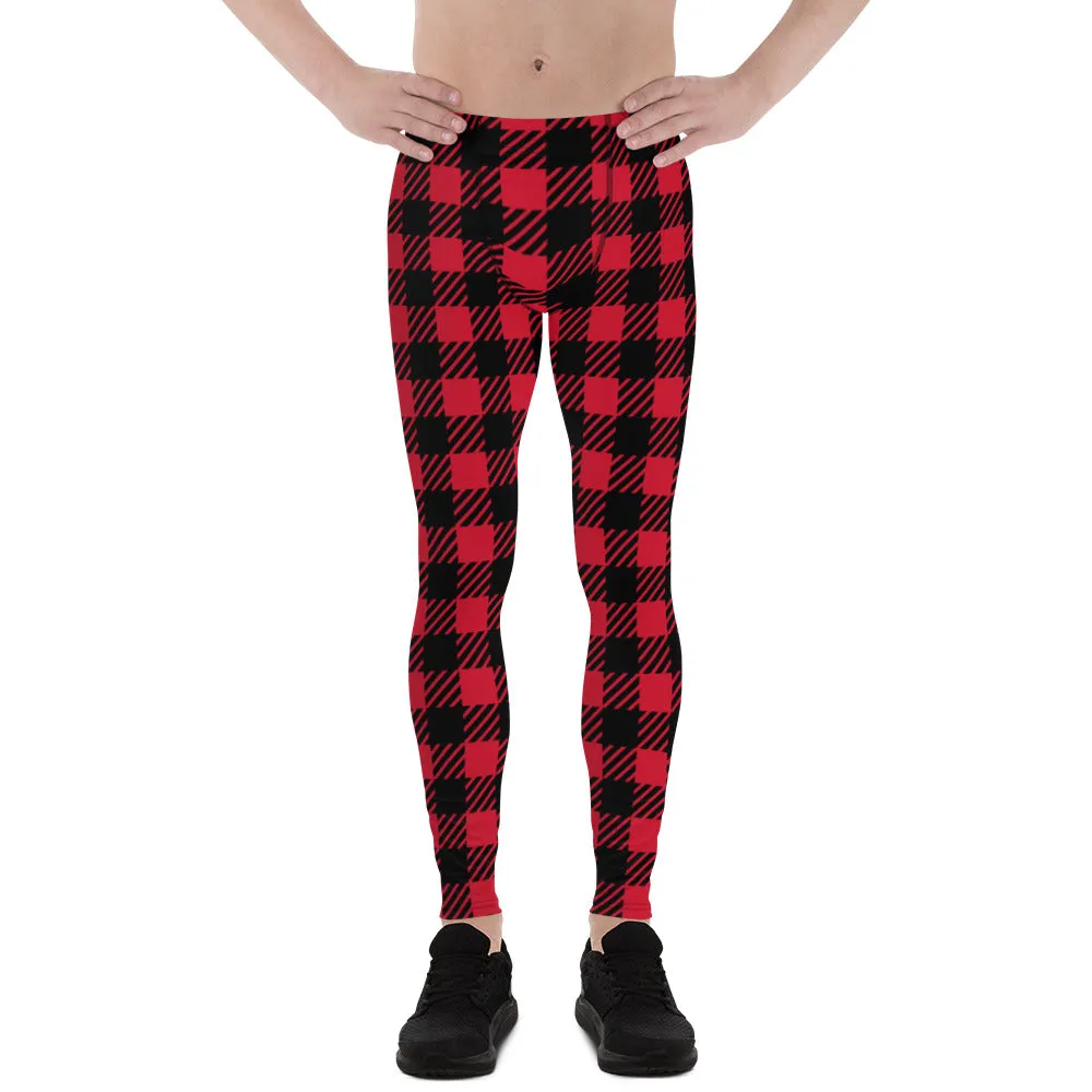 Red Classic Plaid Men's Leggings, Plaid Printed Meggings Compression Tights For Men-Made in USA/EU