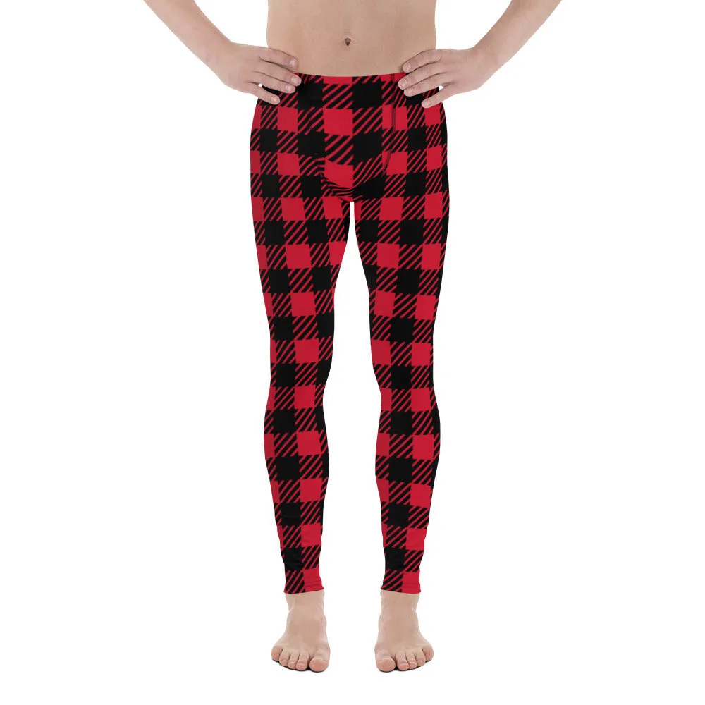 Red Classic Plaid Men's Leggings, Plaid Printed Meggings Compression Tights For Men-Made in USA/EU