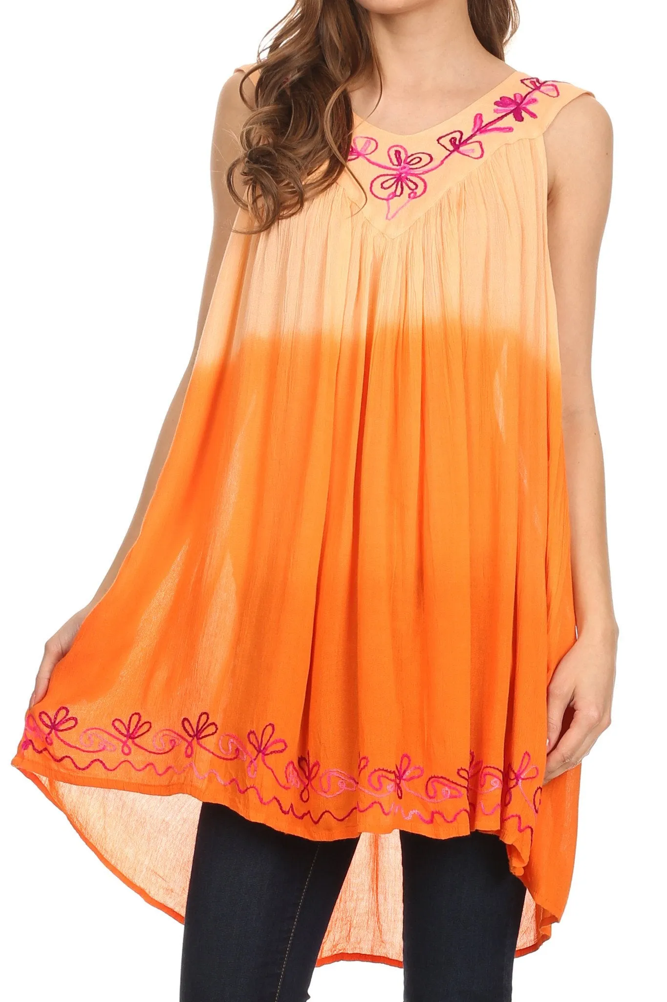 Sakkas Melina Ombre Sleeveless Embroidered V-neck Rayon Top / Blouse