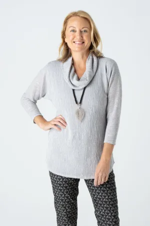 Silver Cowl Neck Poly/Rayon Knit 3/4 Sleeve Top