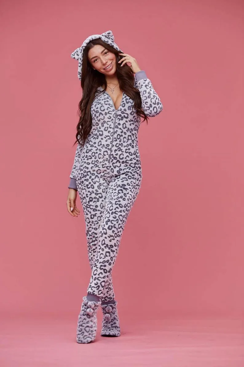 Women's warm terry butt flap pajamas Sweetjama Frozy with a hood "Leopard"