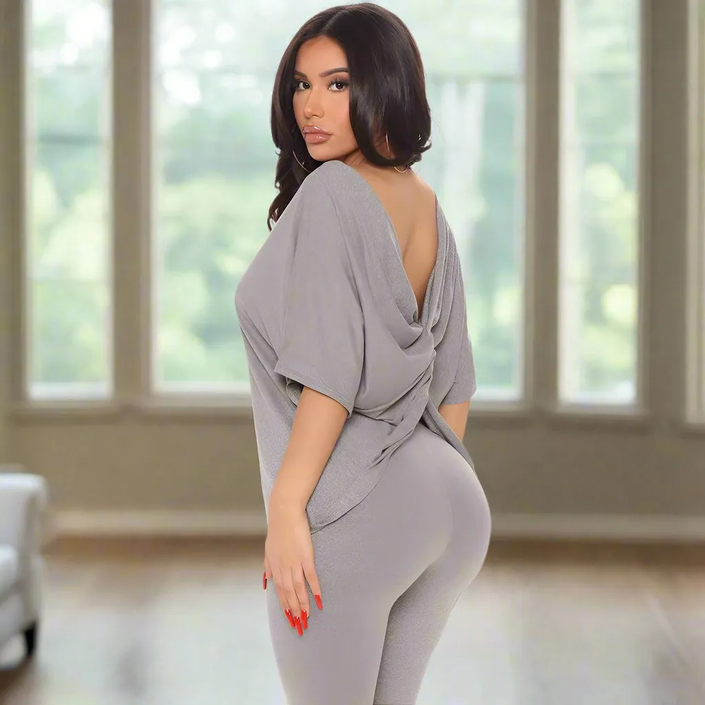 Women's Wide Sleeved Twisted Back Top and Leggings Two-piece Loungewear Set