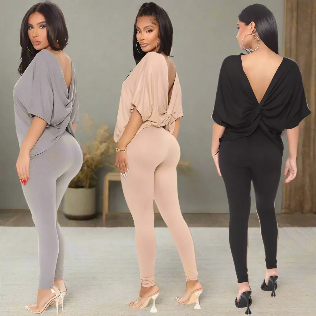 Women's Wide Sleeved Twisted Back Top and Leggings Two-piece Loungewear Set